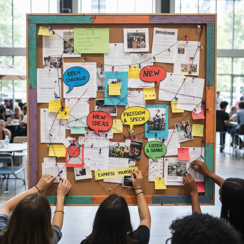 Wielokolorowa tablica korkowa z notatkami, symbolizująca różnorodne tematy i wolność dyskusji na forach