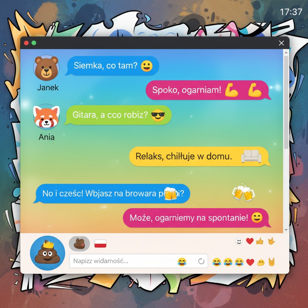 Kolorowy interfejs nowoczesnego czatu online z emotikonami i polskim slangiem