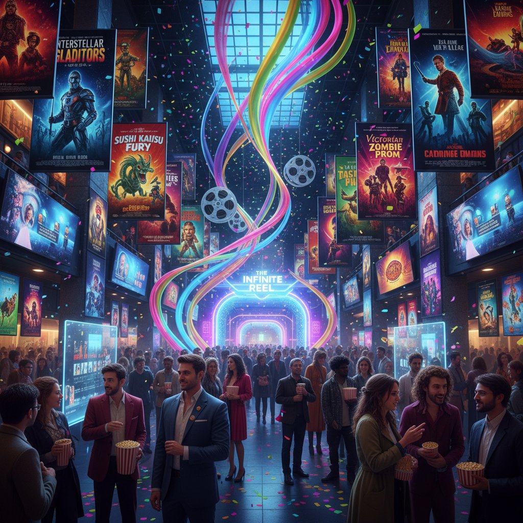 Colorful film festival, international movie posters, diverse audience discovering parallel universe movies