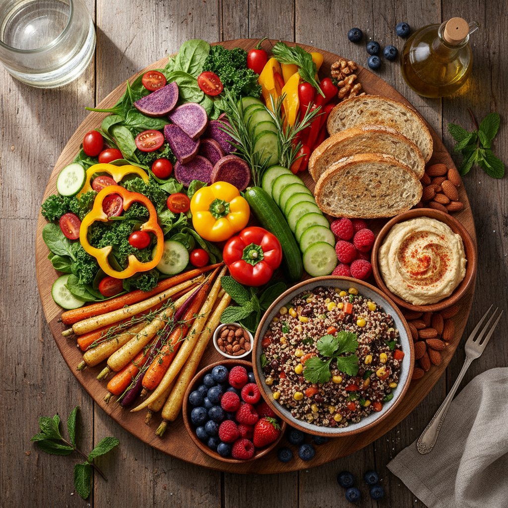 Kolorowe jedzenie na stole, zdrowa dieta, warzywa, produkty pełnoziarniste