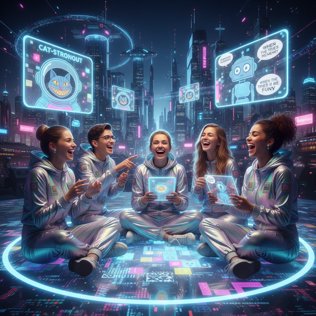 Wielokolorowa grupa osób opowiadających żarty, obok ekran z memami – przyszłość humoru