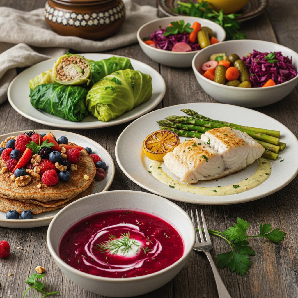 Przykładowy talerz osoby z Hashimoto – różnorodne, kolorowe posiłki w polskiej kuchni