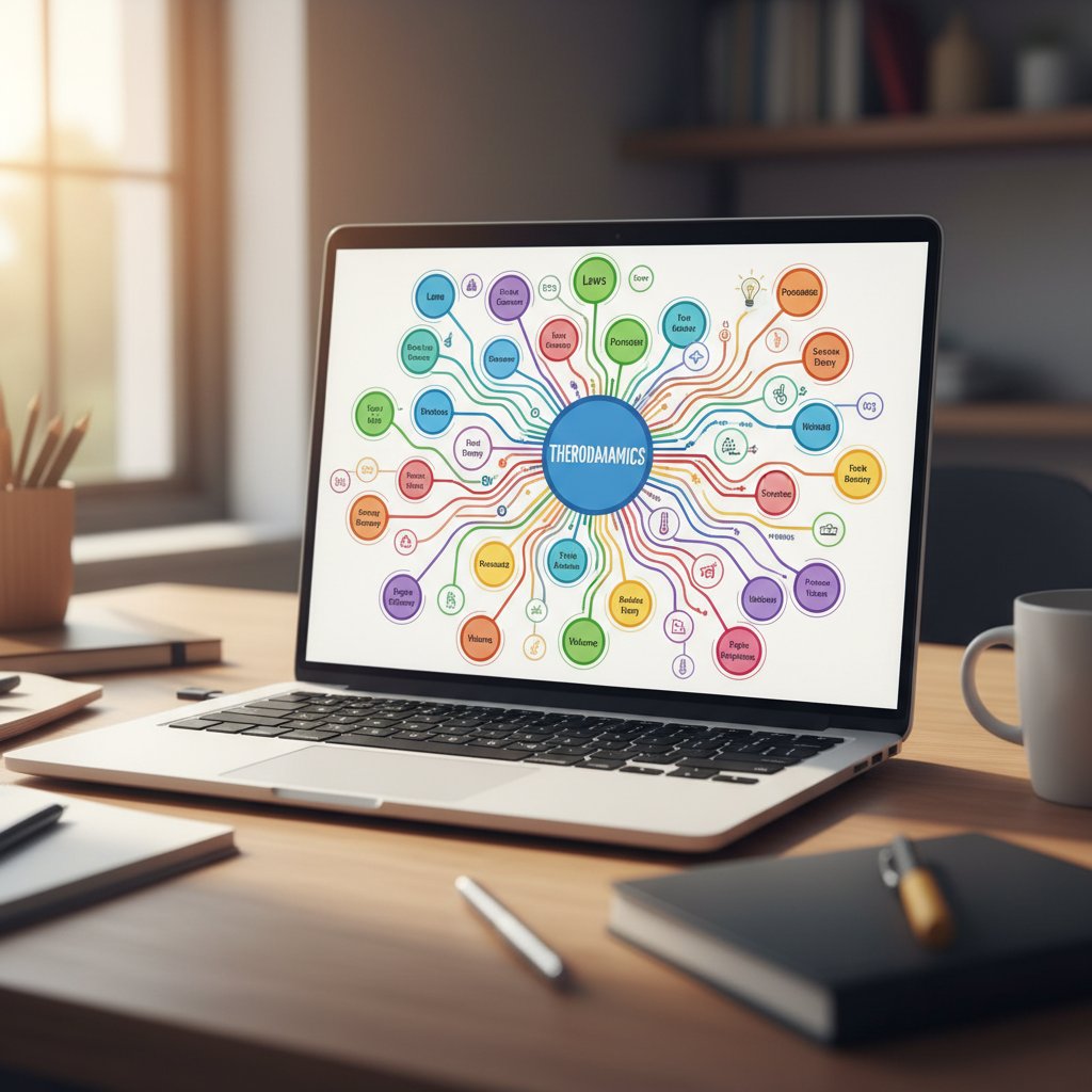 Kolorowa mapa myśli o termodynamice na biurku, obok laptopa
