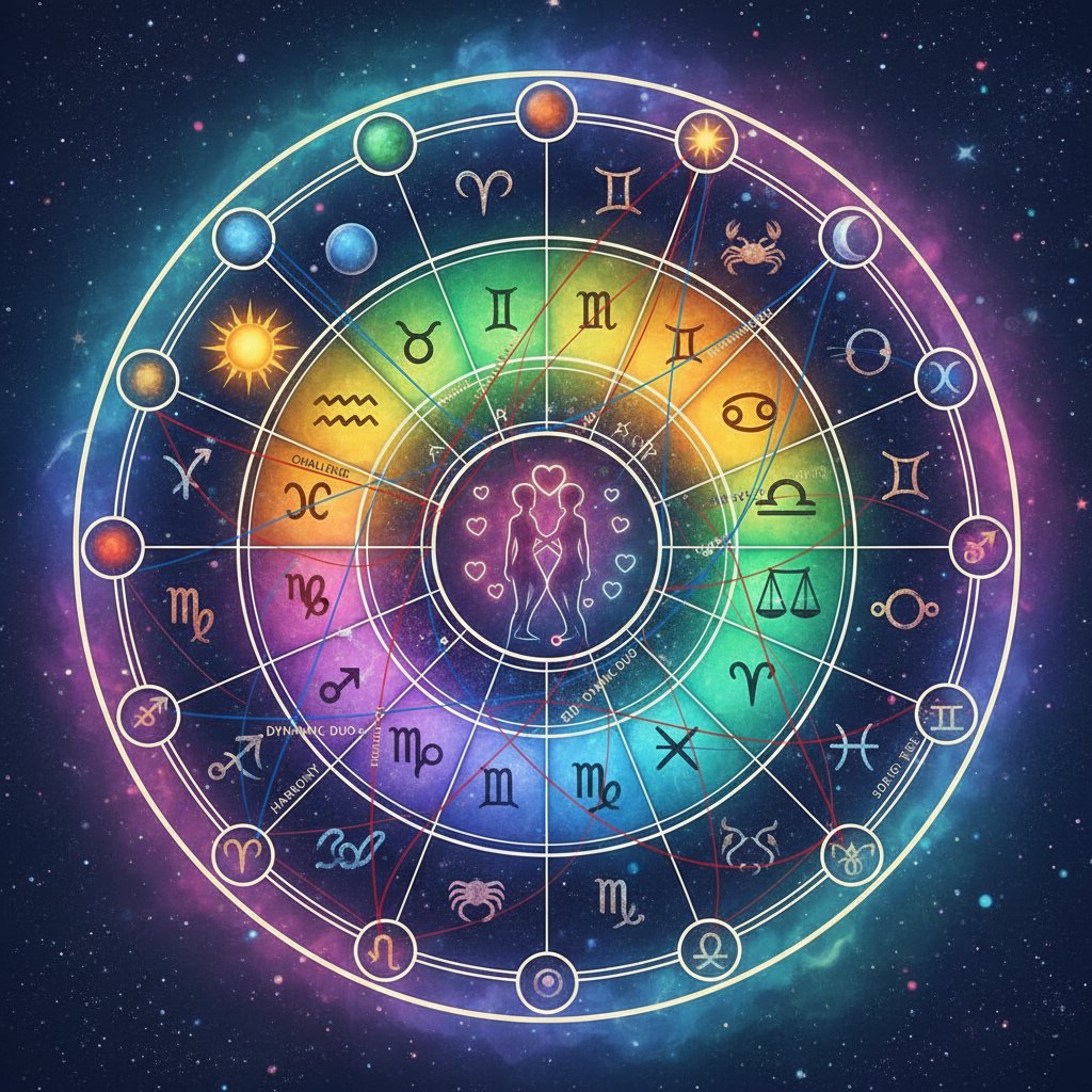 Colorful photo of natal charts and astrological signs, illustrating relationship compatibility astrology