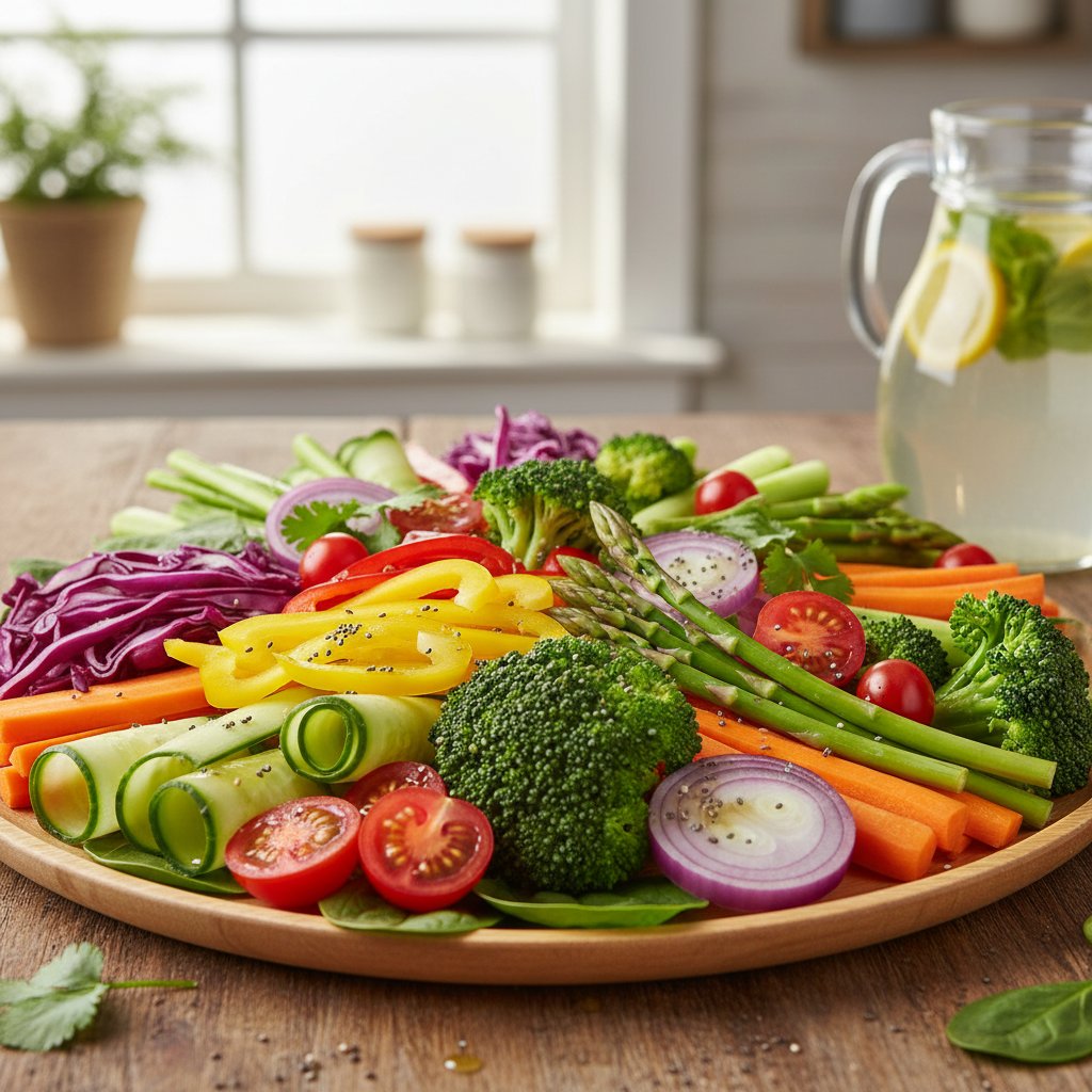 Zdjęcie kolorowego talerza z warzywami, dieta alkaliczna, pH krwi