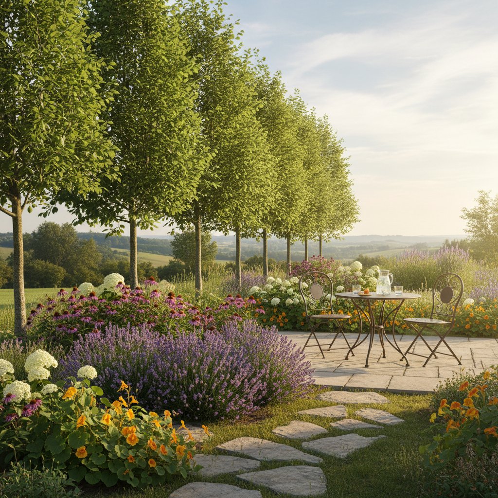 Kolumnowa lipa Rancho obok tarasu w małym ogrodzie, letnie światło