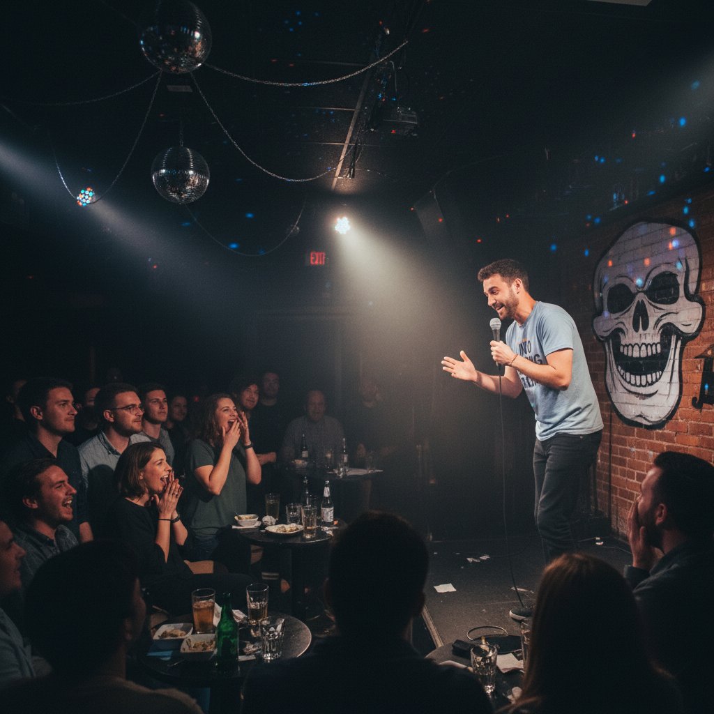Comedian telling unfiltered jokes to a lively audience, moody nightclub lighting, crowd reactions, standup comedy, edgy atmosphere