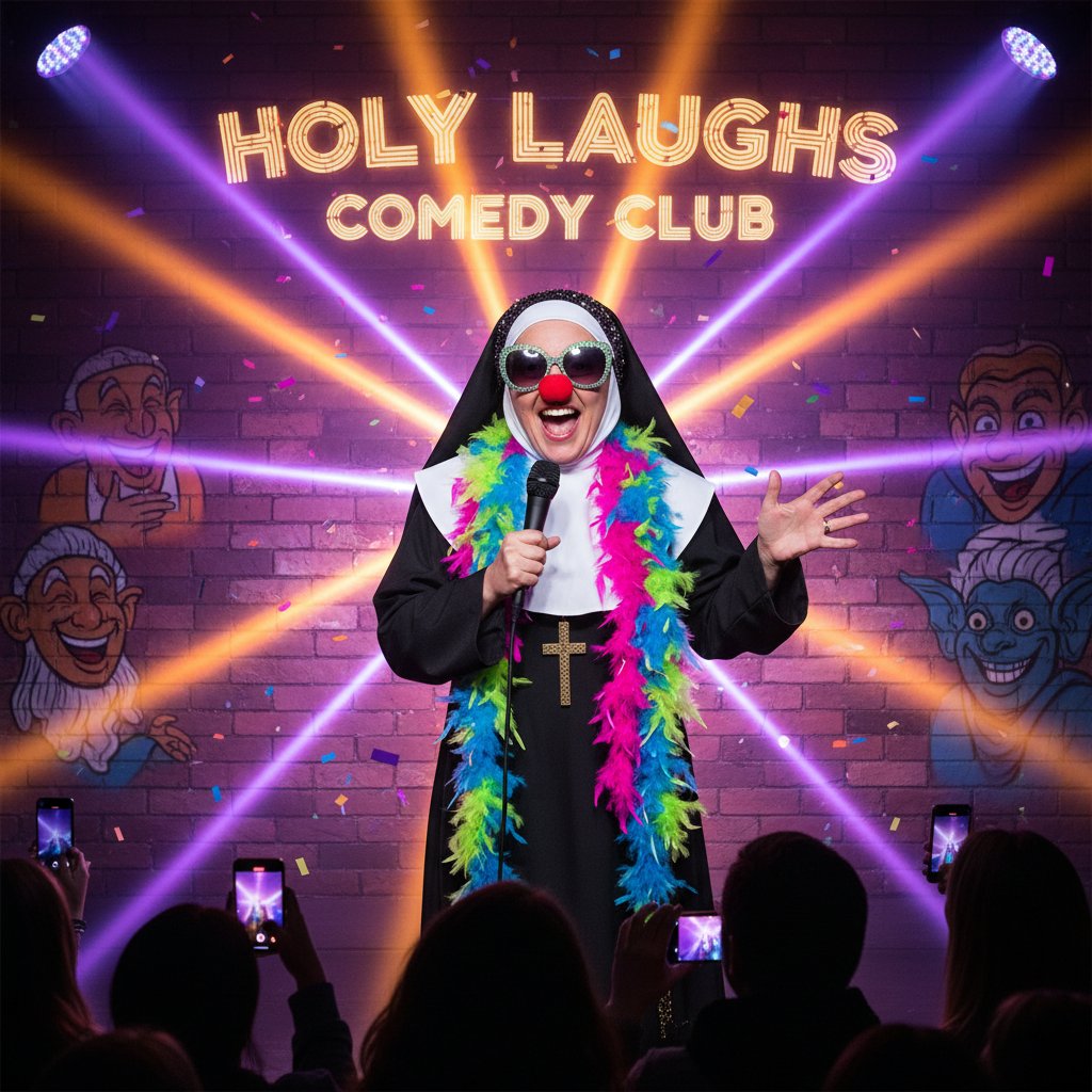 Comedic nun in performance spotlight, vibrant colors, Whoopi Goldberg in full habit on stage