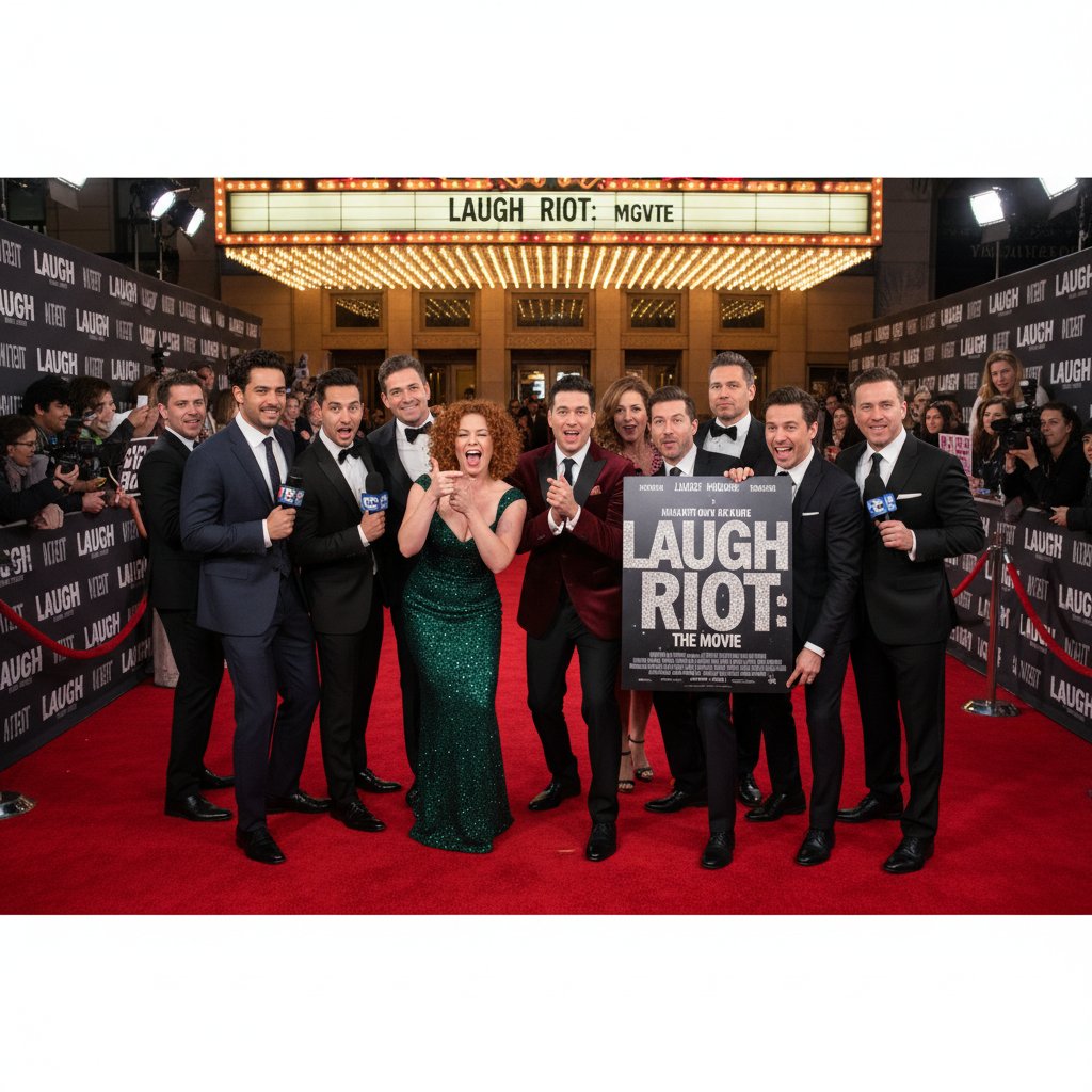 Comedians striking playful poses on the red carpet at a comedy premiere, surrounded by fans and photographers, for comedic cinema buzz