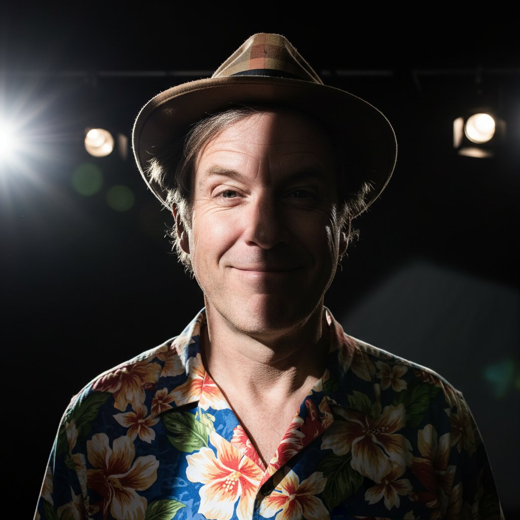 Comedic actor winking at camera in high-contrast lighting—audience complicity in fourth wall humor