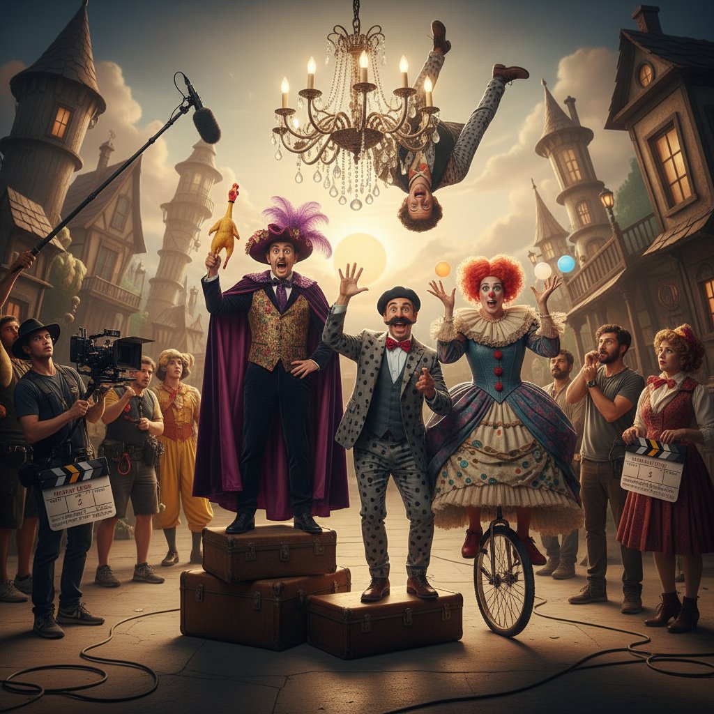 Comedic actors arranged in a deliberate, theatrical tableau on a movie set