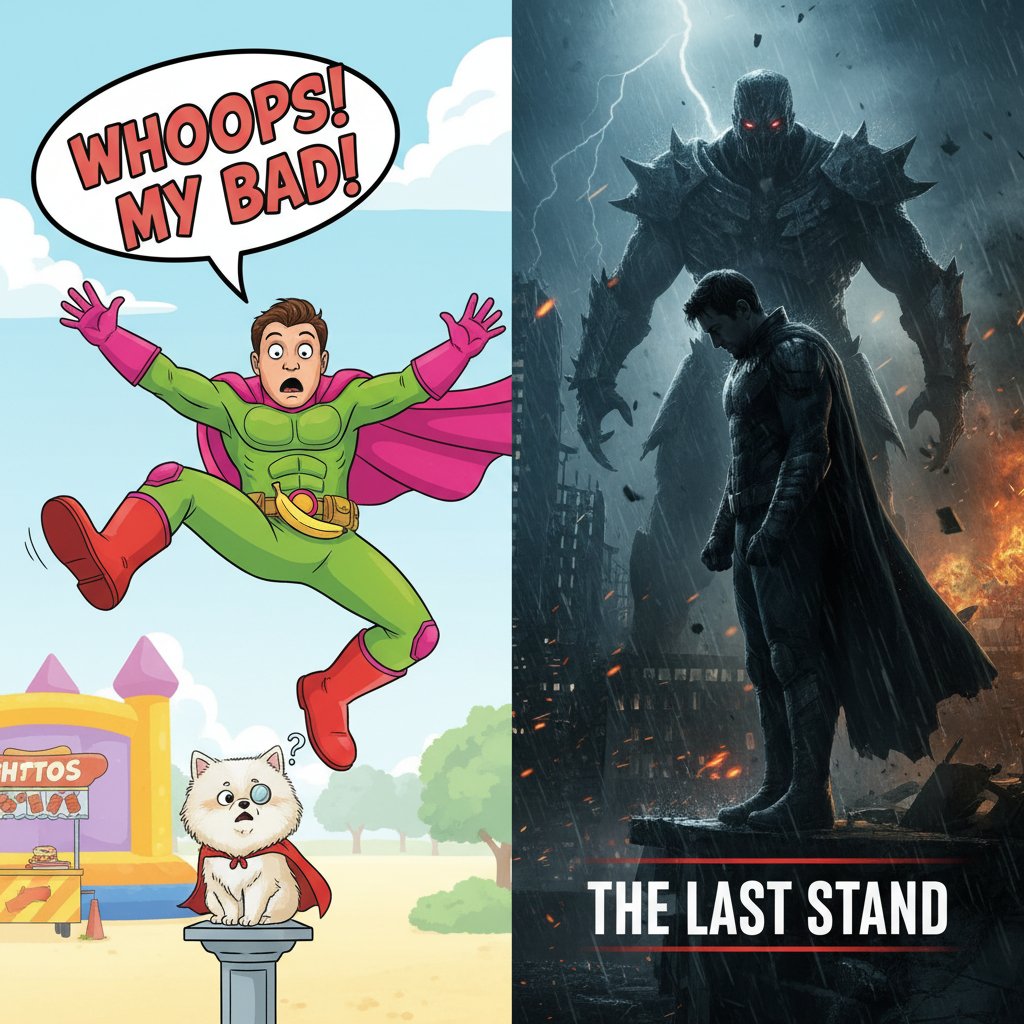 Split-screen comparison of comedic superhero spoof scene and serious blockbuster moment