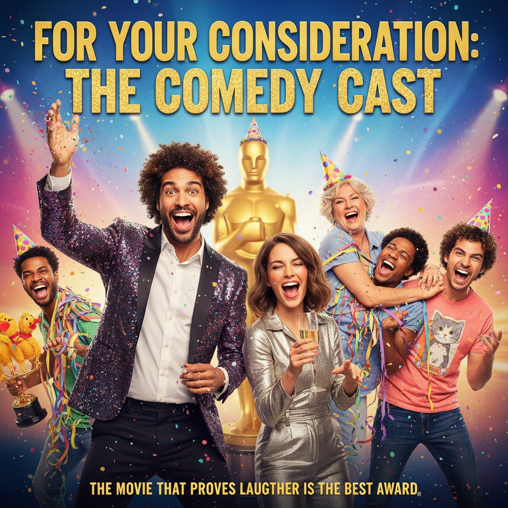 Comedy cast celebrating with confetti, encapsulating the spirit of award season success