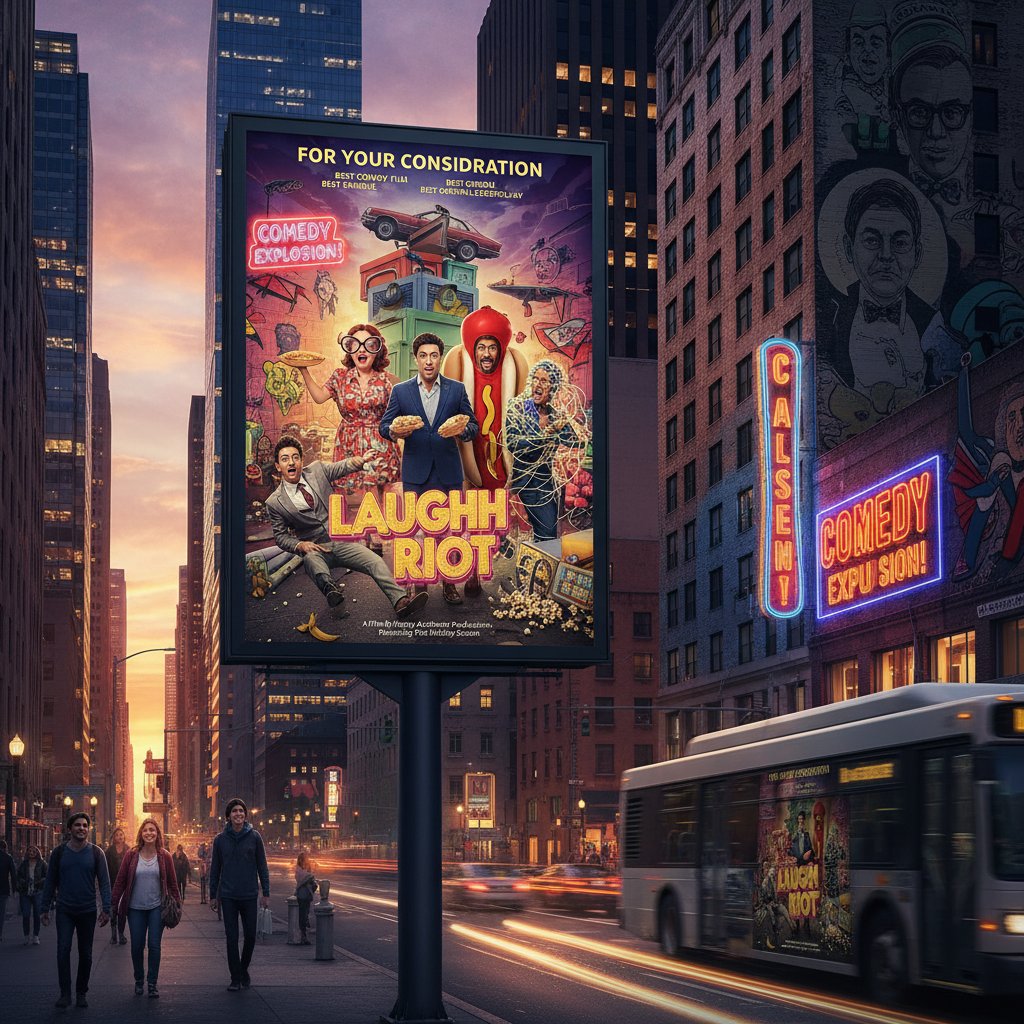 Billboard for comedy film campaign in urban setting, illustrating bold for your consideration efforts