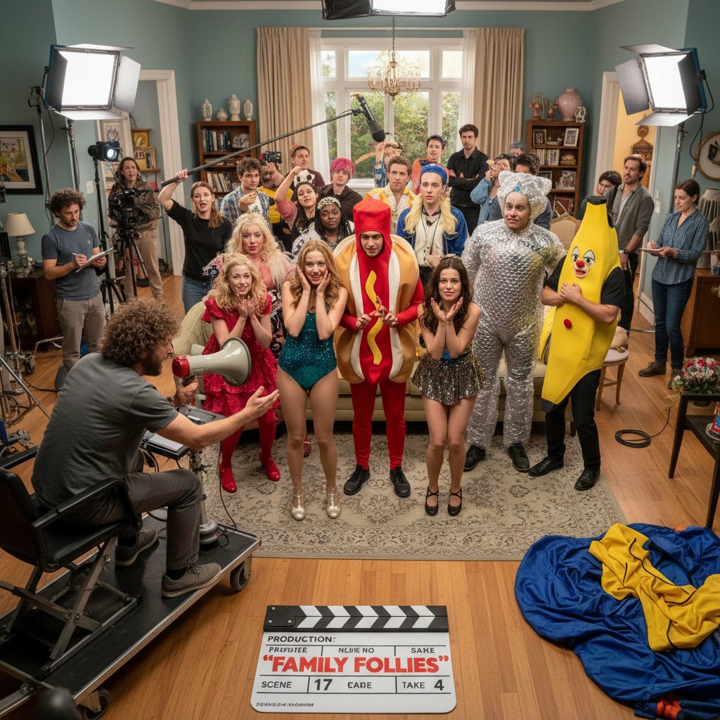 Comedy director and actors preparing for an awkward, group scene on film set