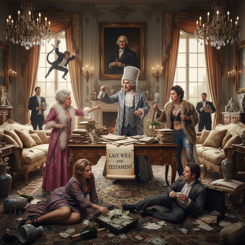 Chaotic family argument scene from a comedy inheritance film with over-the-top emotions and lavish decor