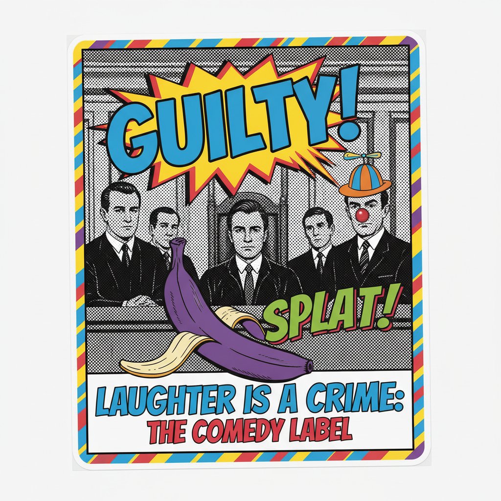 Satirical movie poster mislabeling a drama as comedy, pop-art, ironic scene