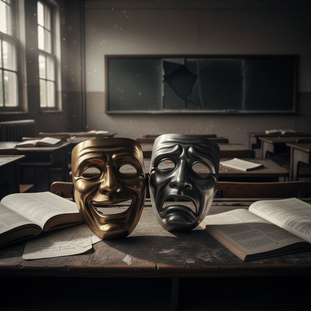 Comedy and tragedy masks on classroom desk, symbolic high school movie genre image, high contrast, ironic mood