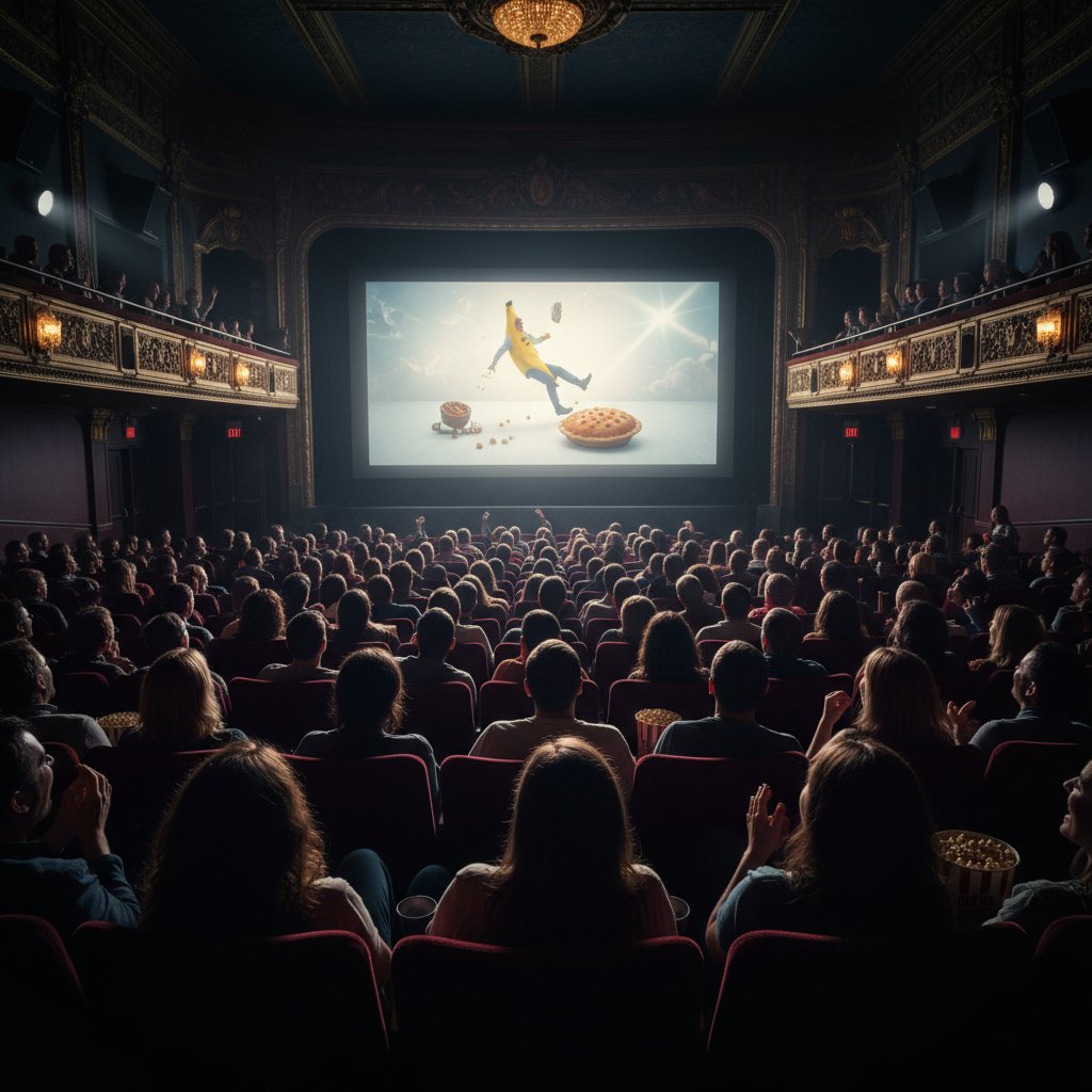 Crowd laughing in dark theater, comedy movie experience, emotion release, urban cinema, high contrast