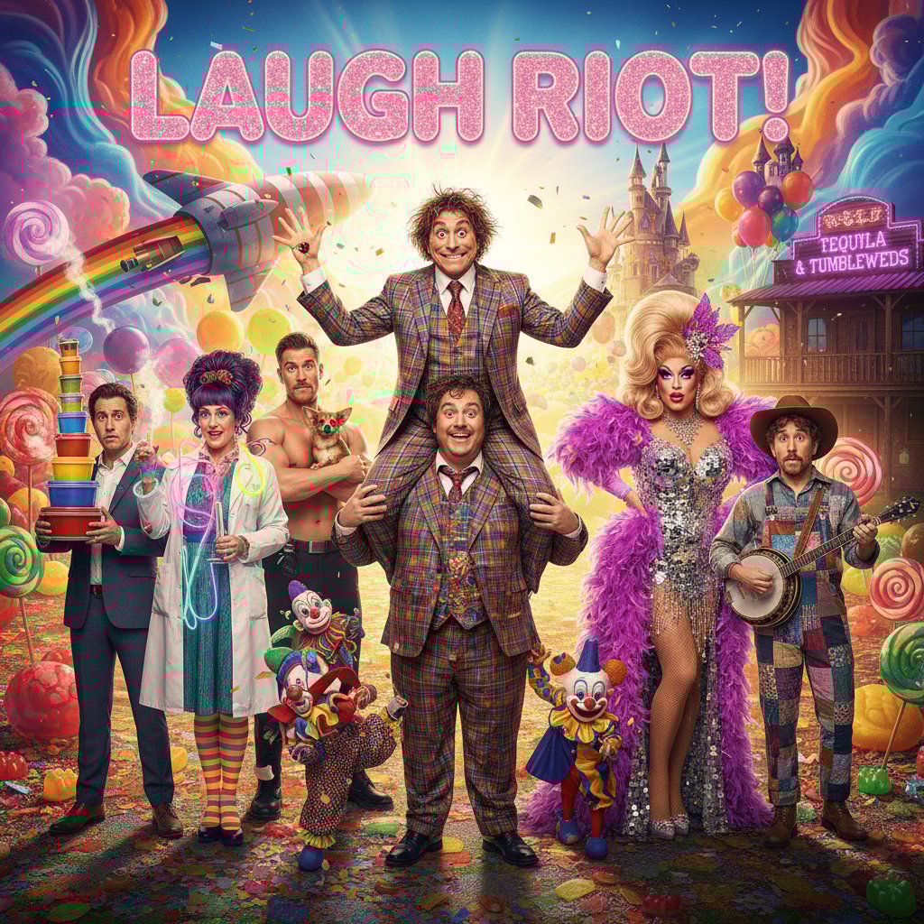 Visual photo representing a variety of comedy subgenres, with a colorful, lively group of people in different costumes