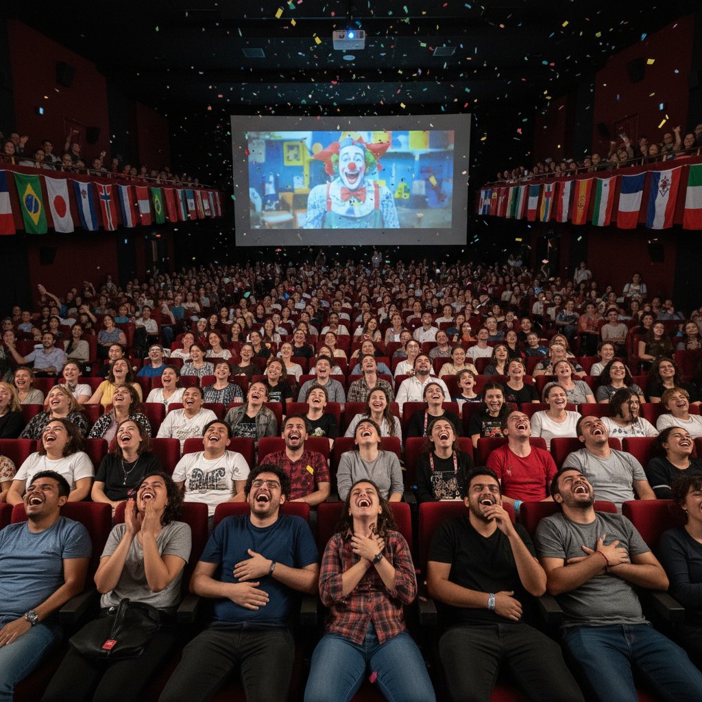 International film festival audience reacting to comedy, multiple country flags, candid joy