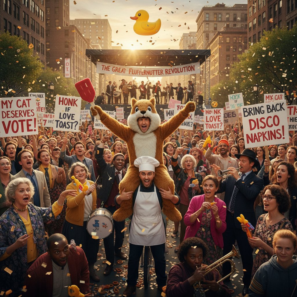 Satirical protest scene from a recent comedy film, large group, urban setting, crowd energy