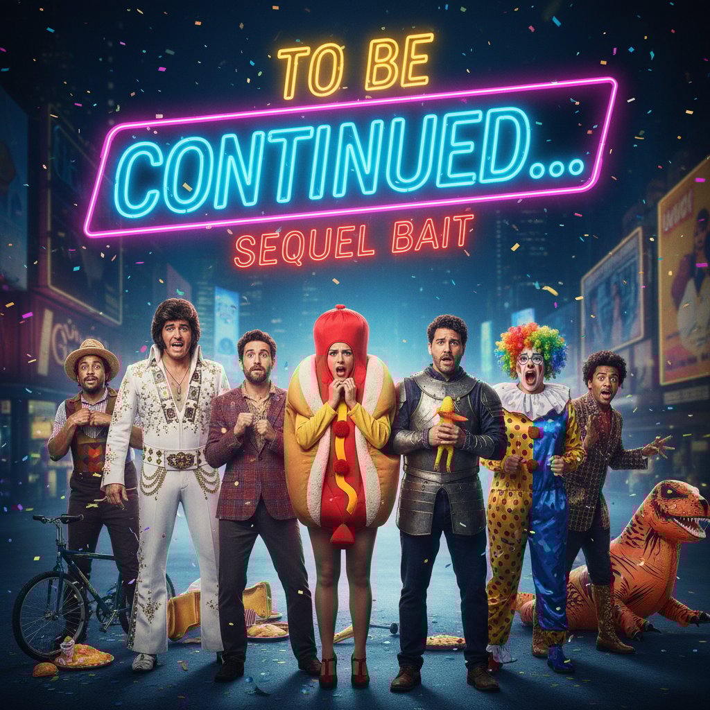 Comedy movie cast staring at a neon 'To Be Continued' sign, embodying sequel bait tension