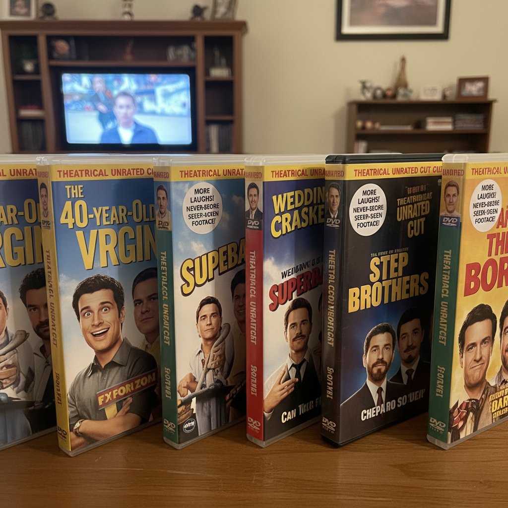 A stack of DVD cases labeled 'theatrical cut' and 'unrated', with comedy posters (like "Anchorman" and "The 40-Year-Old Virgin") in the background.
