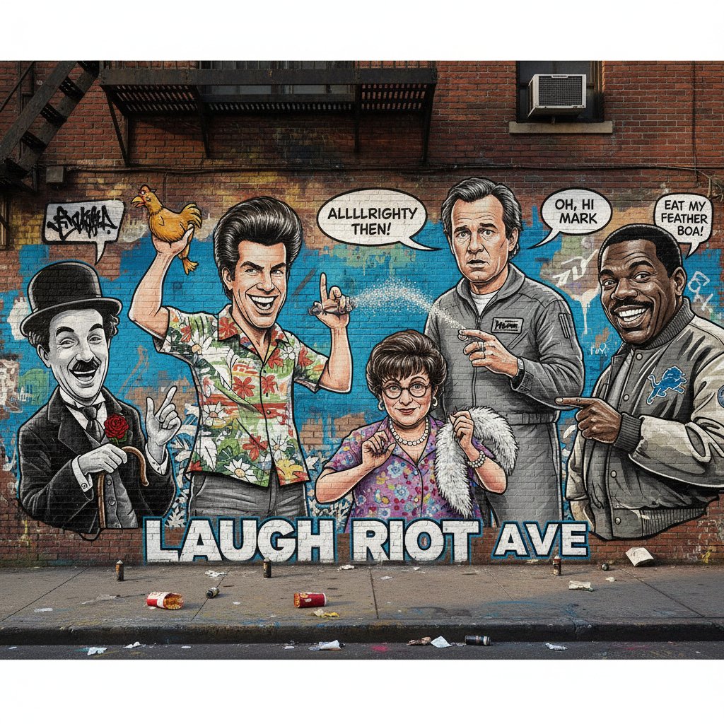 Comedy movie icons in urban street art symbolize genre impact