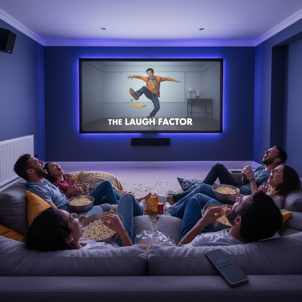 Friends watching a comedy movie at home, laughing together, popcorn flying, perfect comedy night