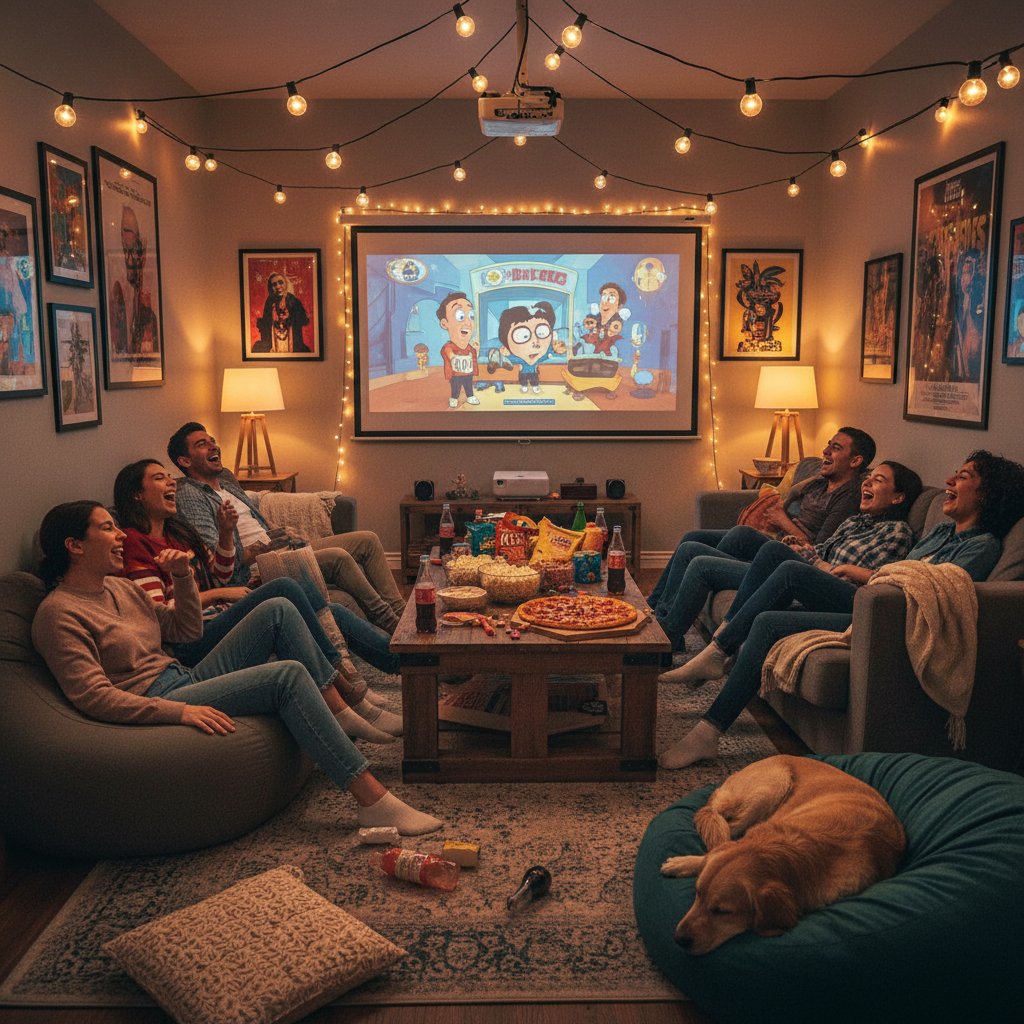 Living room transformed for a comedy movie night, with string lights, snacks, and audience ready to laugh