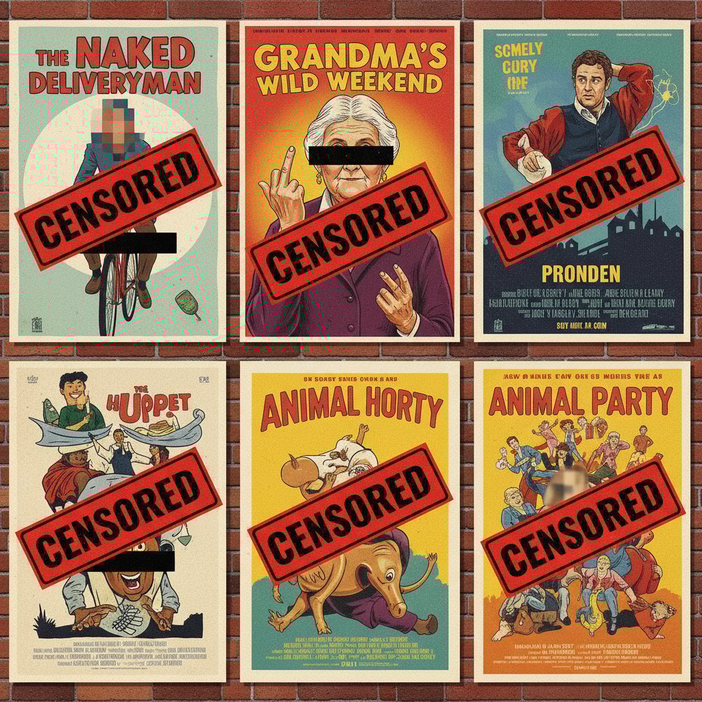 A wall of vintage movie posters with comedy legends, some with visible “censored” stamps or “uncut” labels, representing the cultural impact of comedy edits.