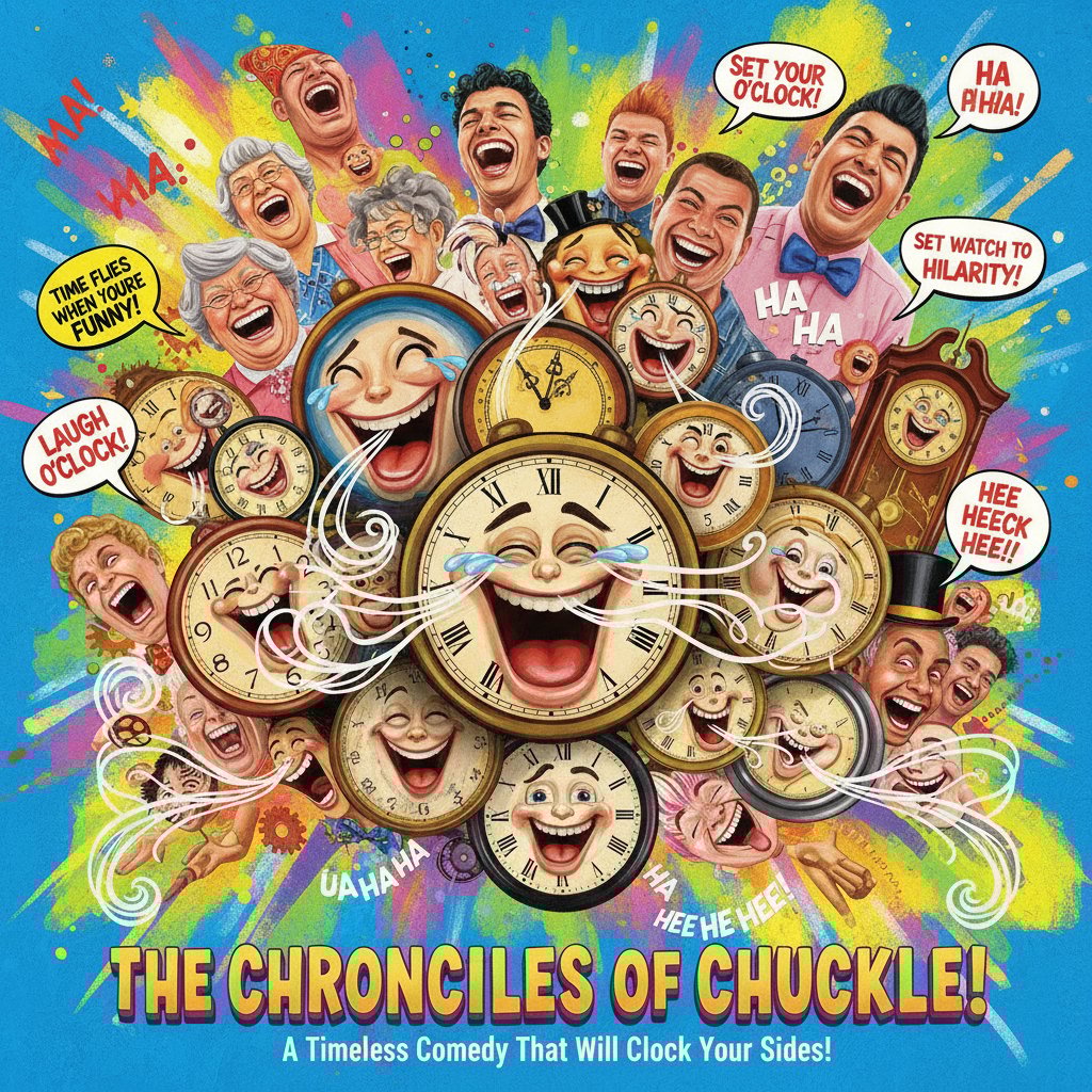 Collage of comedy movie posters with clocks and laughing faces, vibrant colors, 16:9