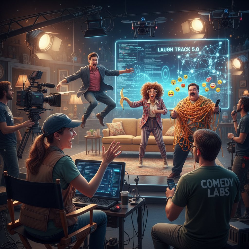 Modern comedy movie set with director and actors discussing a scene, representing innovation in mainstream comedy cinema