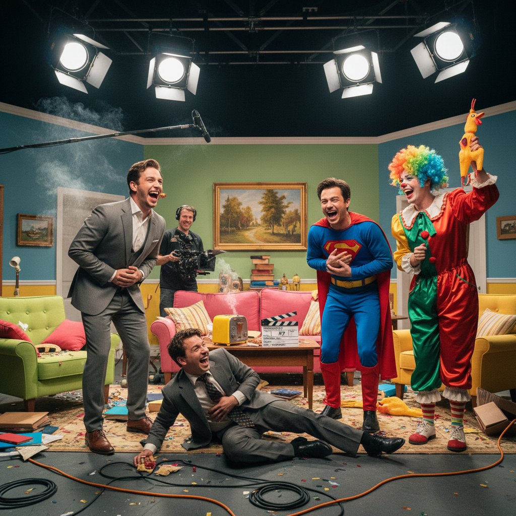 Comedy movie set blooper, comedy set with actors in costume laughing uncontrollably