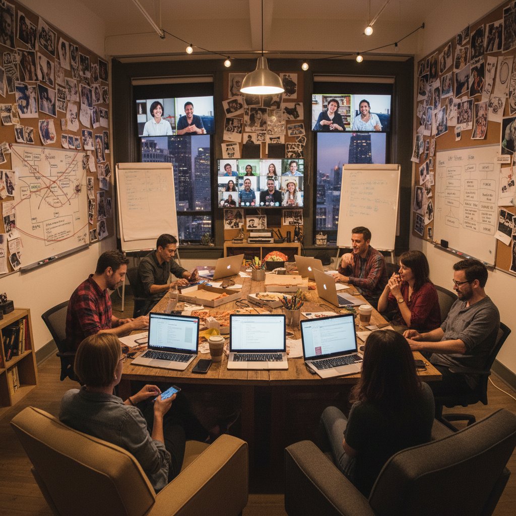 A modern comedy writing room filled with laptops, digital boards, and global team collaboration for movie wasted potential comedy