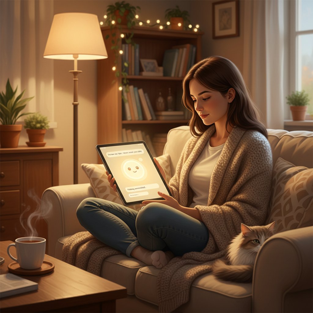 Editorial photo of a comforting scene, someone reaching out for digital help under warm lighting; AI chatbot for mental health services support and hope