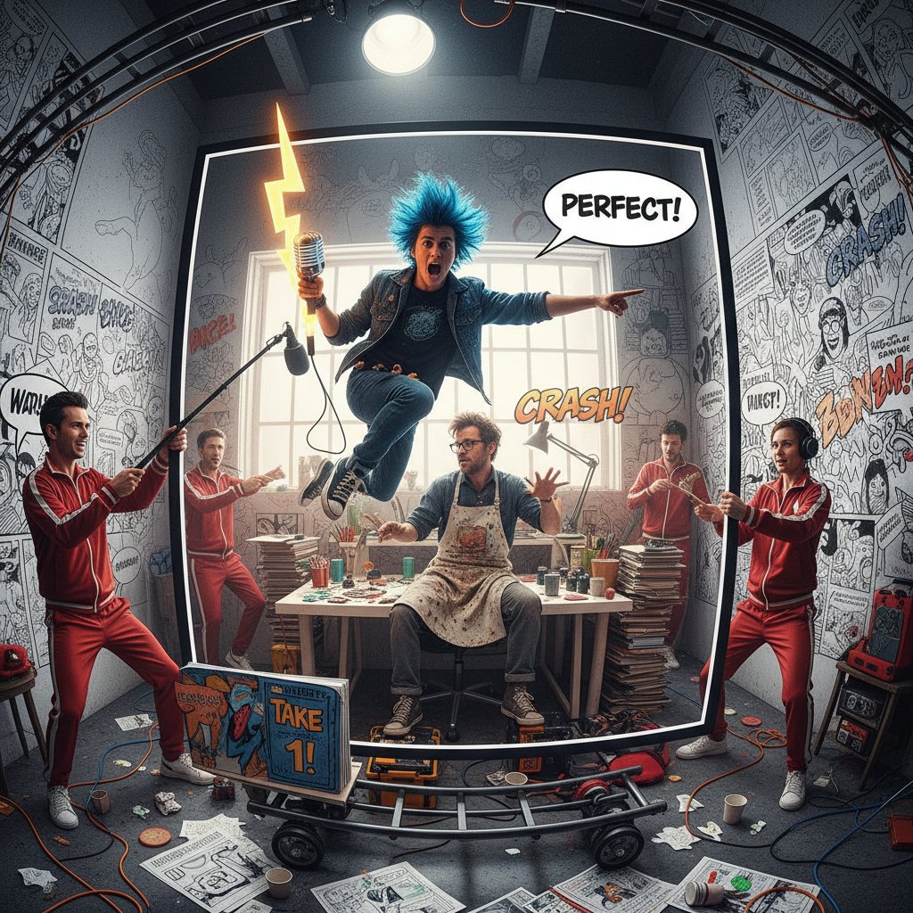 Comic book artist drawing, music video shoot, edgar wright style influence