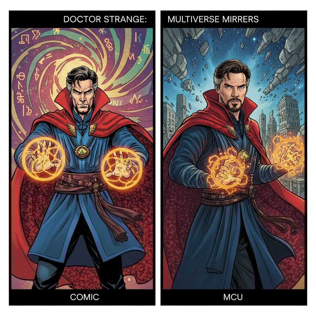 Comic book Doctor Strange and MCU Doctor Strange stand side by side, vibrant costumes and mystical energy, cinematic comparison