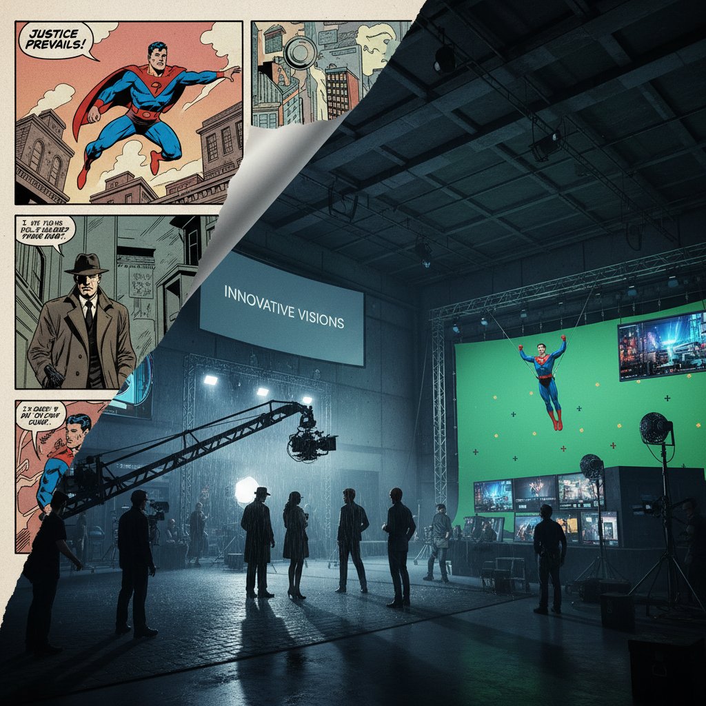 Cinematic juxtaposition of comic panels and film scenes blending in a studio environment, innovative mood, graphic novel movie adaptation