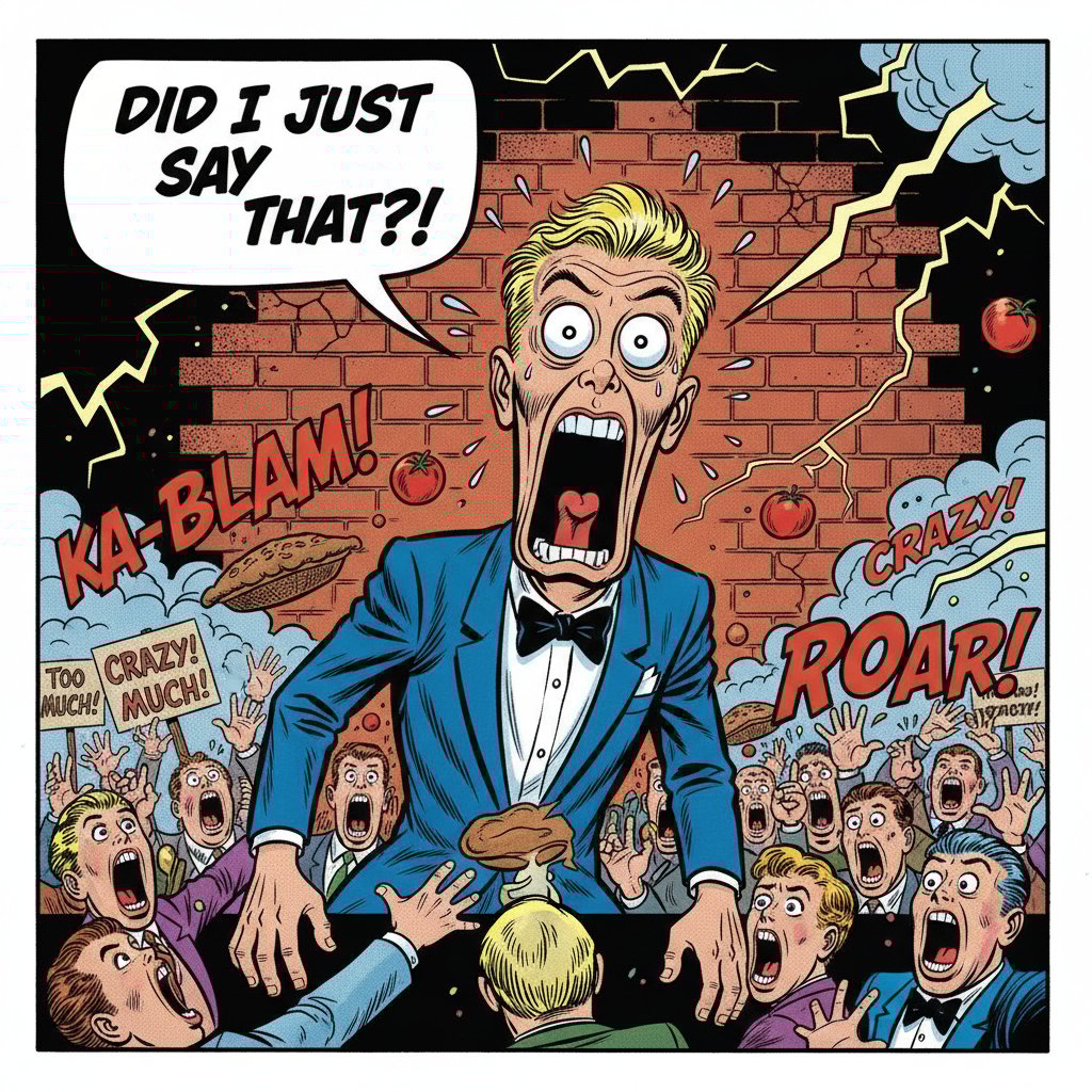 Close-up comic's shocked face, audience in uproar, golden era comedy edgy humor scene