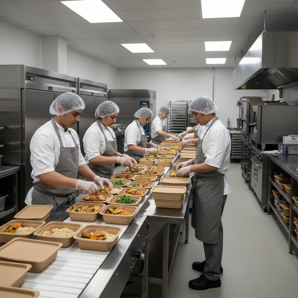 Pracownicy kuchni przygotowujący setki identycznych pudełek diety pudełkowej