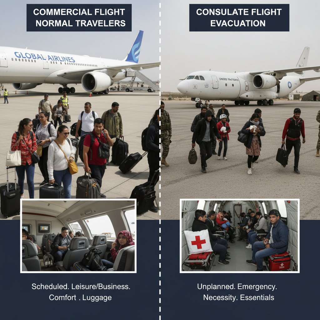 Commercial vs consulate flight: side by side, tense evacuation vs normal travelers