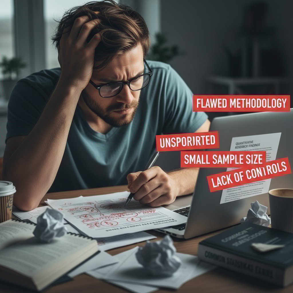 A high-resolution, realistic photo of a frustrated reader surrounded by papers, head in hands, symbolizing common analysis mistakes