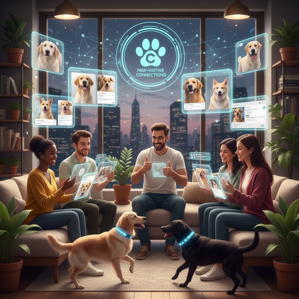 Symbolfoto: Community von Hundeliebhabern online, verschiedene Menschen mit Technik, Austausch und Unterstützung