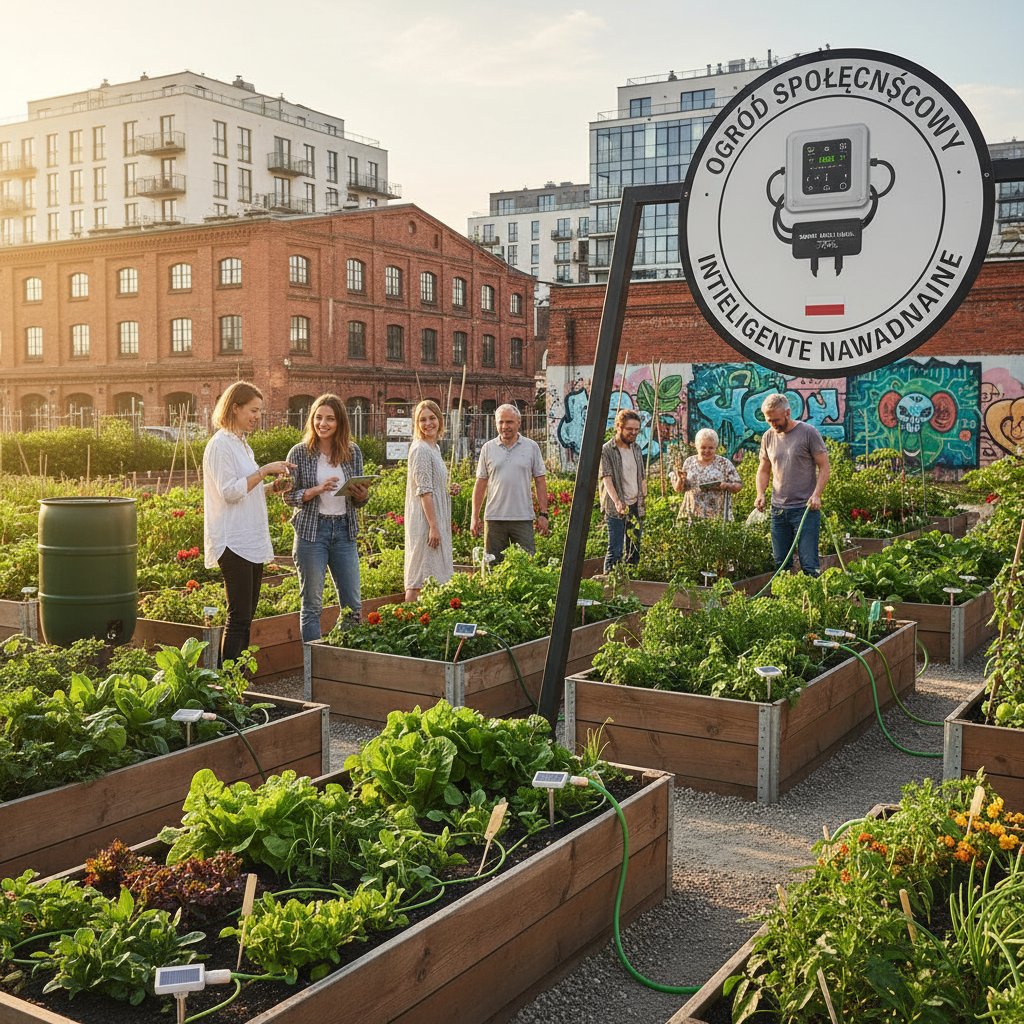 Grupa sąsiadów wspólnie pielęgnuje ogród osiedlowy z inteligentnym nawadnianiem, Polska