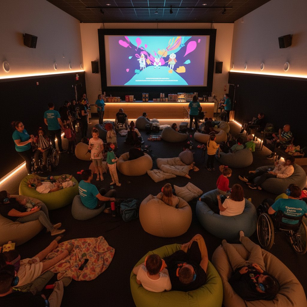 Community-run cinema hosting a sensory friendly event, vibrant and diverse crowd enjoying inclusive movie sensory friendly programming