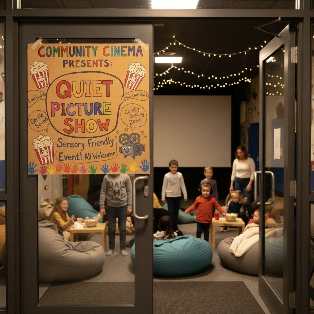 Grassroots cinema sensory friendly night in early 2000s, with a small community theater and hand-written poster, illustrating the origins of inclusive movie screenings