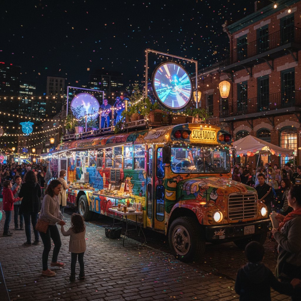 Community gathering around custom specialty vehicle at urban festival.