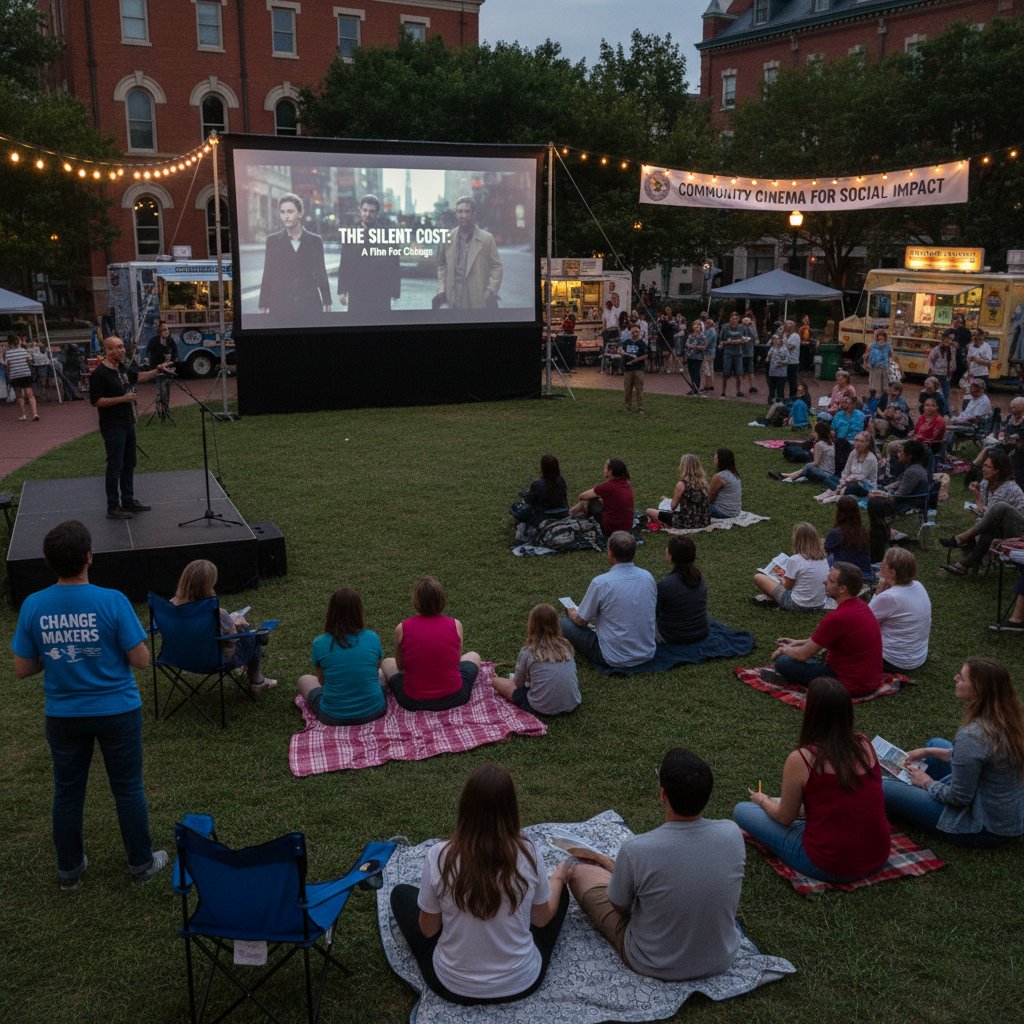 Audience watching a corruption movie at a public discussion
